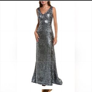 Rene Ruiz silver sequin sleeveless v neck long gown size 8